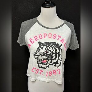 Aeropostale Medium White & Fluorescent Pink Tigers Crop Tee T Shirt